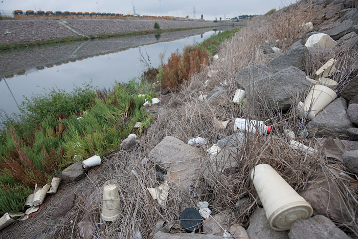 Large numbers of styrofoam fast food containers lie strewn about the area. Unlike paper products, styrofoam is not biodegradable and does not decompose into inert materials.
