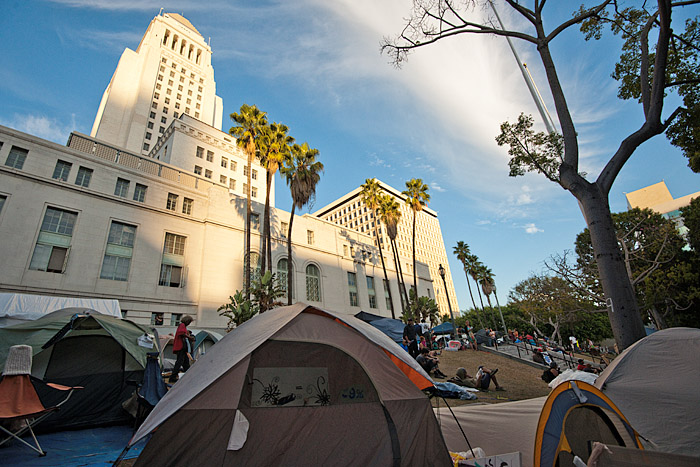 Hundreds of people camp outside City Hall in downtown Los Angeles in protest of inequitable economic policies and a multitude of other issues Sunday, October 30, 2011.