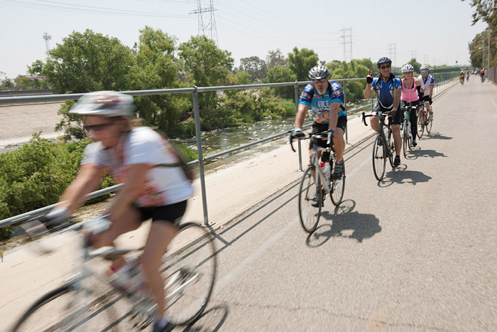 Thousands of cyclists participate in the Los Angeles County Bicycle Coalition's annual fundraising effort dubbed the L.A. River Ride on Sunday, June 10, 2012. Many cyclists pedal round-trip between Griffith Park and Long Beach while children and less experienced riders travel shorter routes.